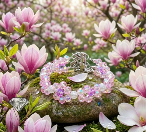 BRANSOLETKA RÓŻOWA NA KAMIENIU WŚRÓD KWIATÓW MAGNOLII